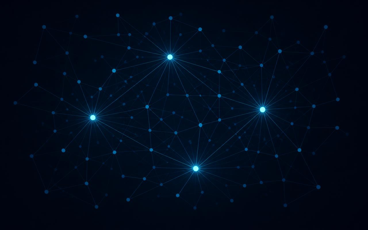 Abstract constellation of four bright hubs linked across a wider network