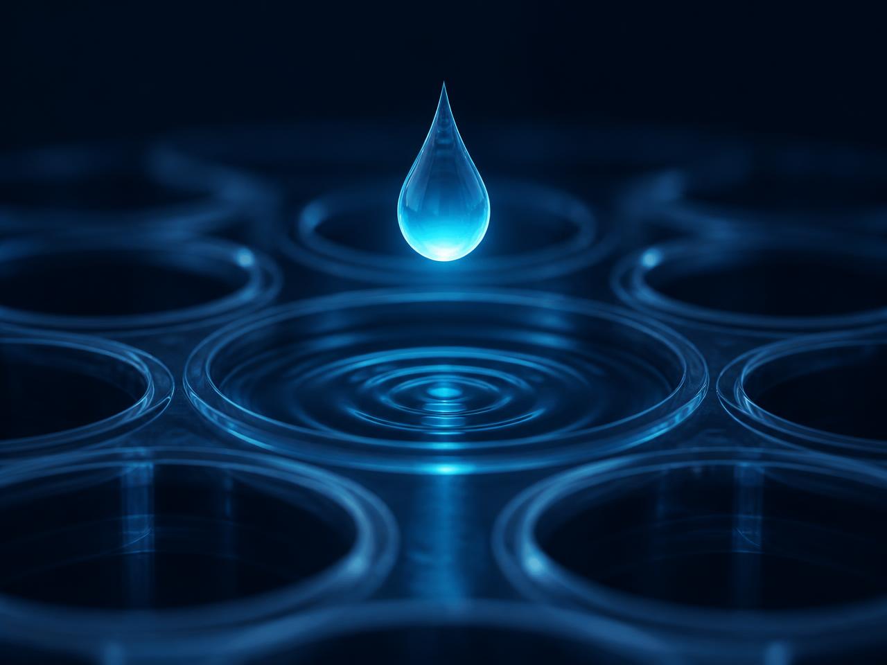 A luminous droplet above a grid of assay wells